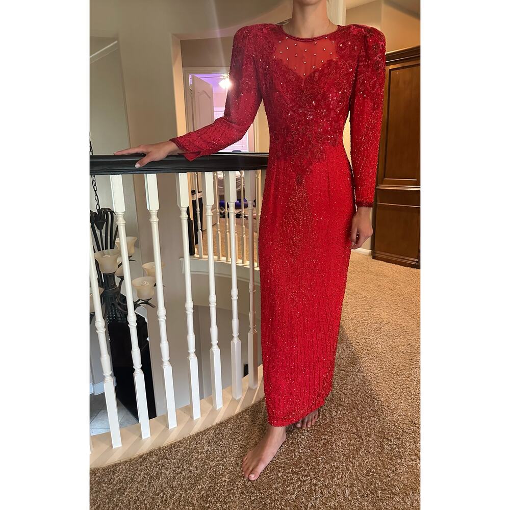 Vintage 80’s Silk Long Beaded Red Whimsygoth Formal Gown Long Sleeve Dress SZ 14